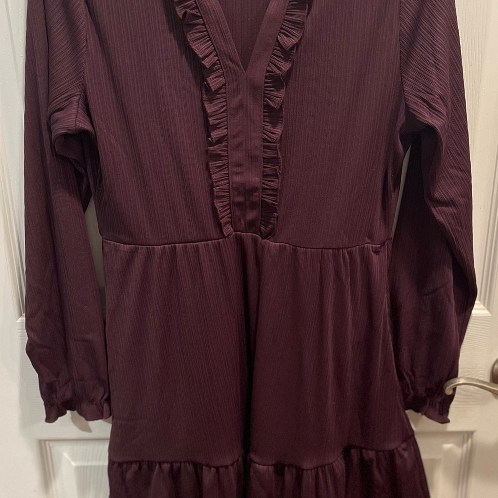 Womens Mini Dress with Ruffle V-Neck in Deep Plum